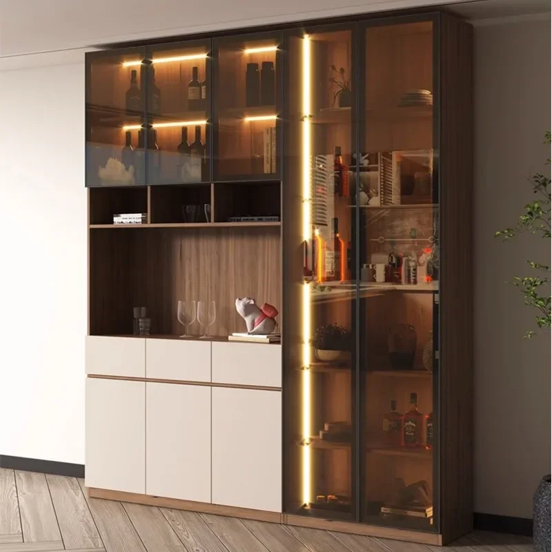 Wine cabinet, small unit living room, wall facing, solid wood and glass cabinet door, integrated storage, light luxury storage