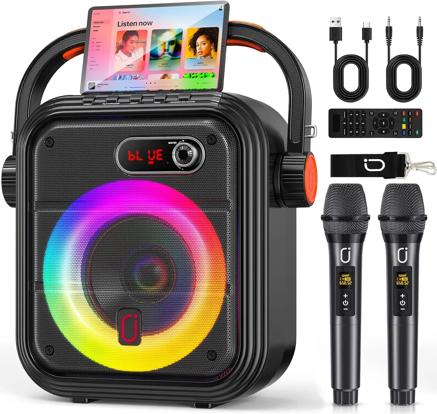 

Karaoke Machine with 2 Wireless Microphones, Bluetooth PA Speaker for Adults, Treble/Bass Control with RGB Disco Lights, TWS Ste