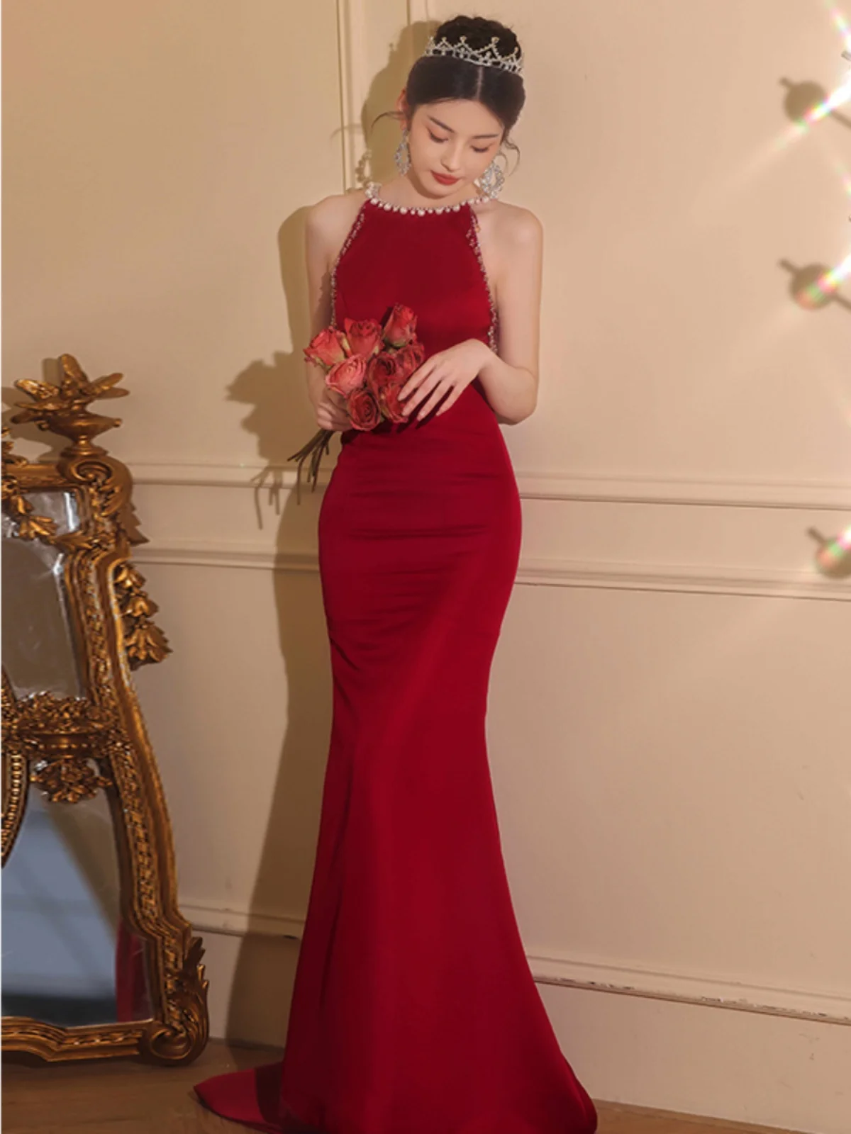 

Ele Red Fi Tail Evening Gown for Women Wedding Ceremony Host Long Svel Korean Sle High-End Sensation