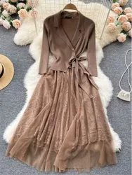 2024 Aututmn New Knit Patchwork Mesh Women Dress Lace-up Lapel Brown Elegant Chic Dress A-line Three-quarter Sleeve Vestidos