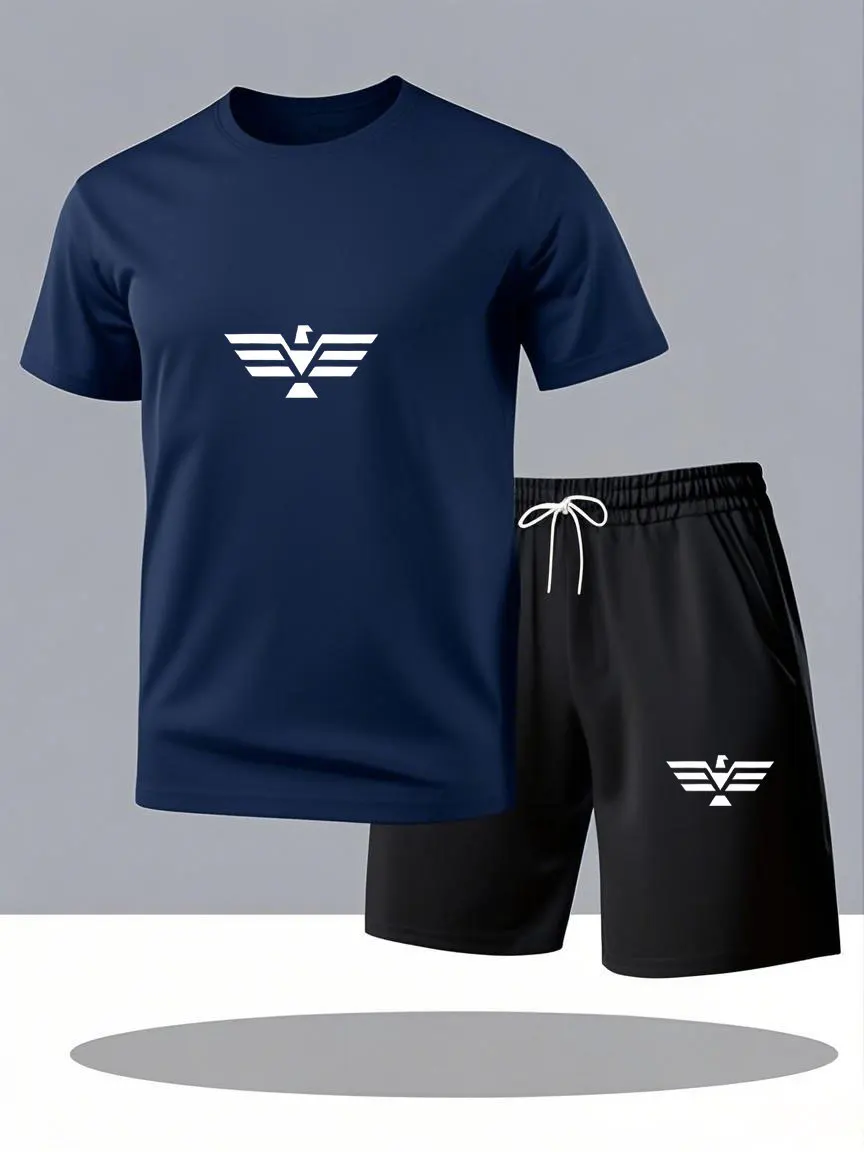 

Men's quick drying short sleeved T-shirt and shorts set, men's breathable sports set, fitness T-shirt and shorts set, printed me