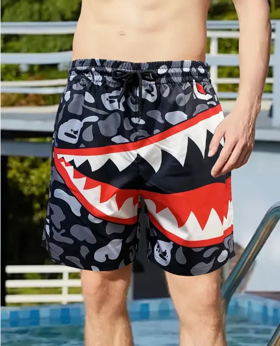 Fashion Men\'s Trendy Shark Teeth Pattern Print Active Shorts Drawstring Beach Shorts For Summer Beach Resort Hawaiian Shorts