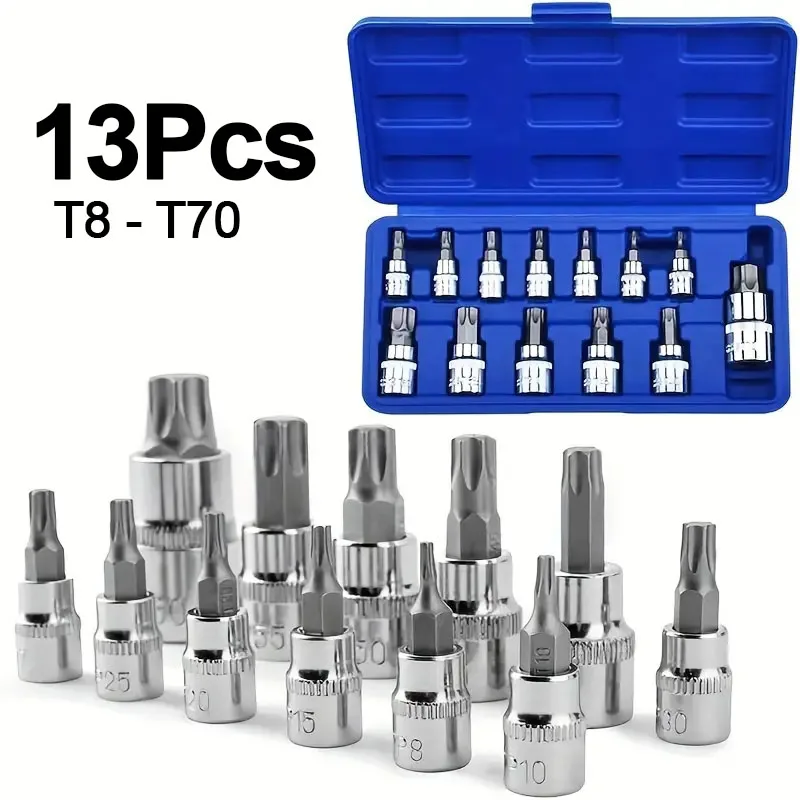 13Pcs Torx Bit Socket Set, S2 Alloy Steel Cr-V Steel Star Socket Torx Screwdriver Bits, 1/4 in T8-T30, 3/8 in T40-T60 1/2 ch T70