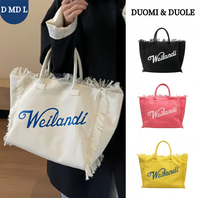 

Весна 2026, повседневная модная черная холщовая сумка-тоут, женская сумка с бахромой, белая повседневная модная сумка с буквенным принтом, готовый запас