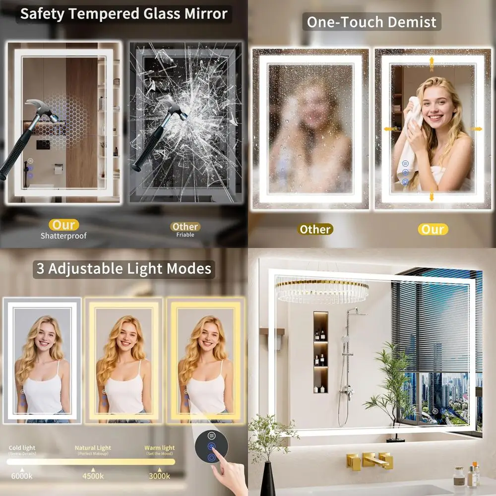 

40x30 Inch Dimmable LED Backlit Vanity Mirror, Anti-Fog, Tempered Glass, 3 Color Options, Wall-Mounted Illuminated Bathroom Mirr