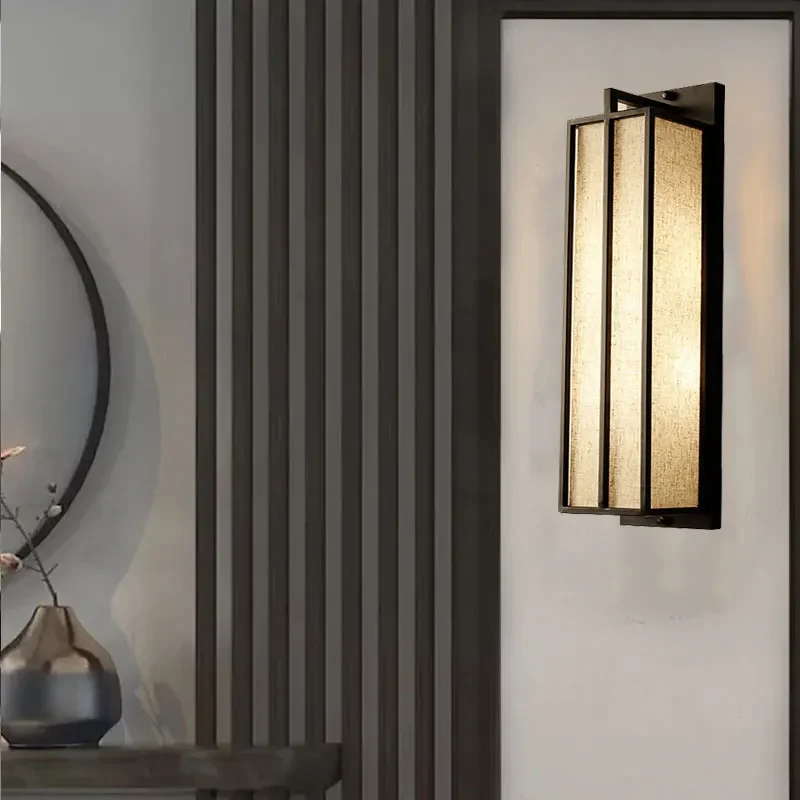 Retro Chinese Simple Linen Cloth Cover Wall Lamp Living Room Bedroom Bedside Lamp Villa Stairs Corridor Iron Art Wall Light