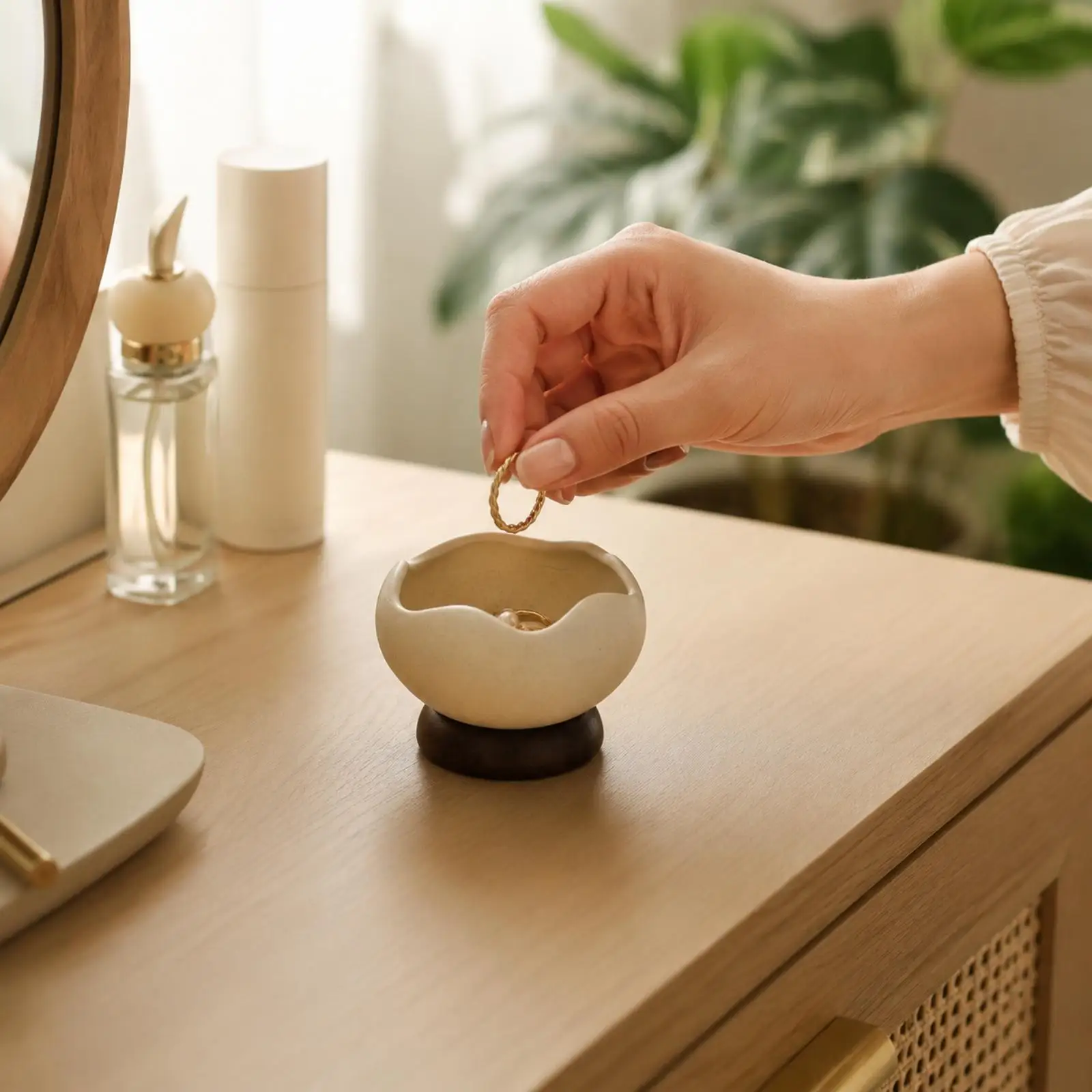 Solid Color Ceramic Lotus Bowl with Wooden Base Storage Tray for Snacks Bread Small Keepsakes Dining Room Table Decor