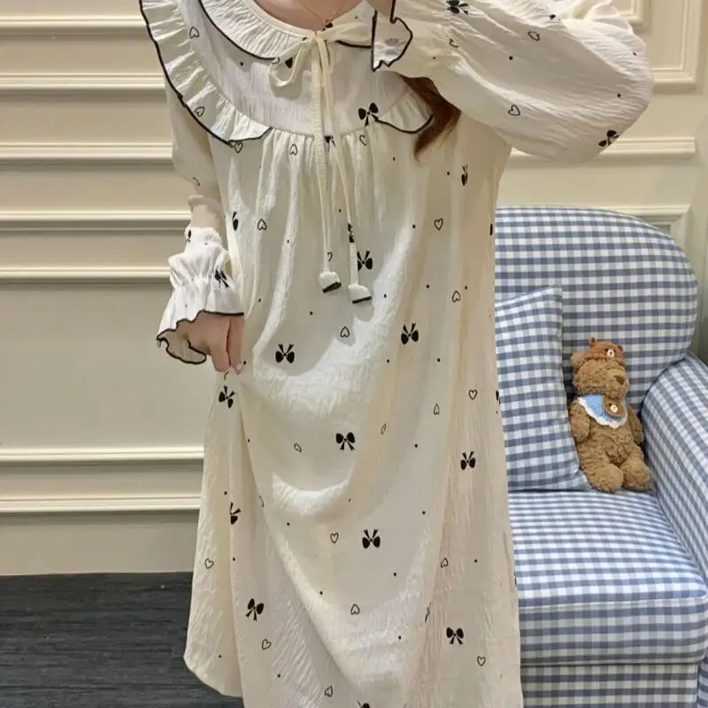 

Female Women Princess Style Sleeping Skirt Autumn Long Sleeve Nightgowns Pajamas Cuteore Home Clothes Thin Style Dress New Style
