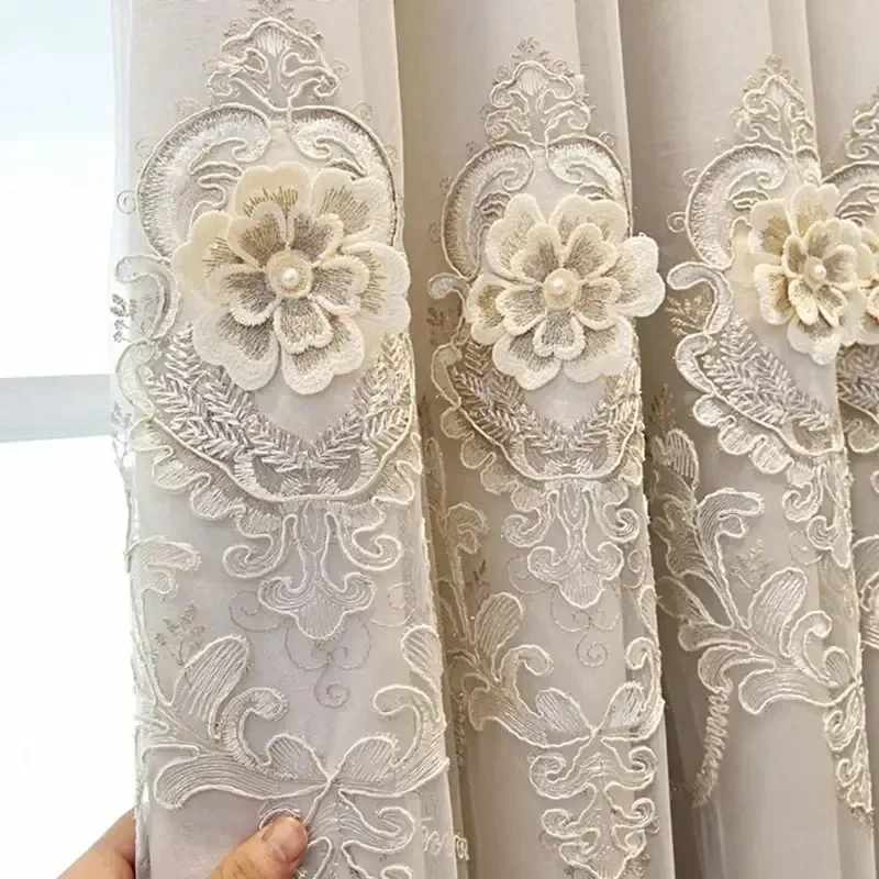 Embroidered Luxury European Double Layer Tulle Curtains for Living Room Bedroom Windows Elegant Pink Khaki Hall Customize