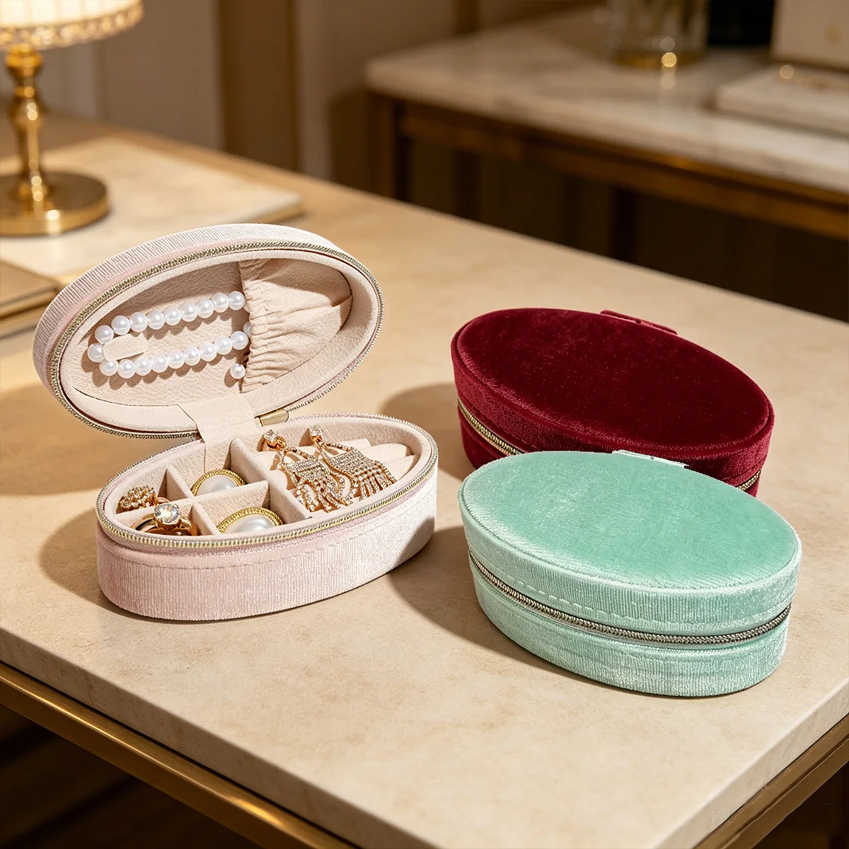 Oval Velvet Mini Travel Jewelry Box Portable Divided Ring Earring Necklace Storage Case Gift for Women Girls2/2