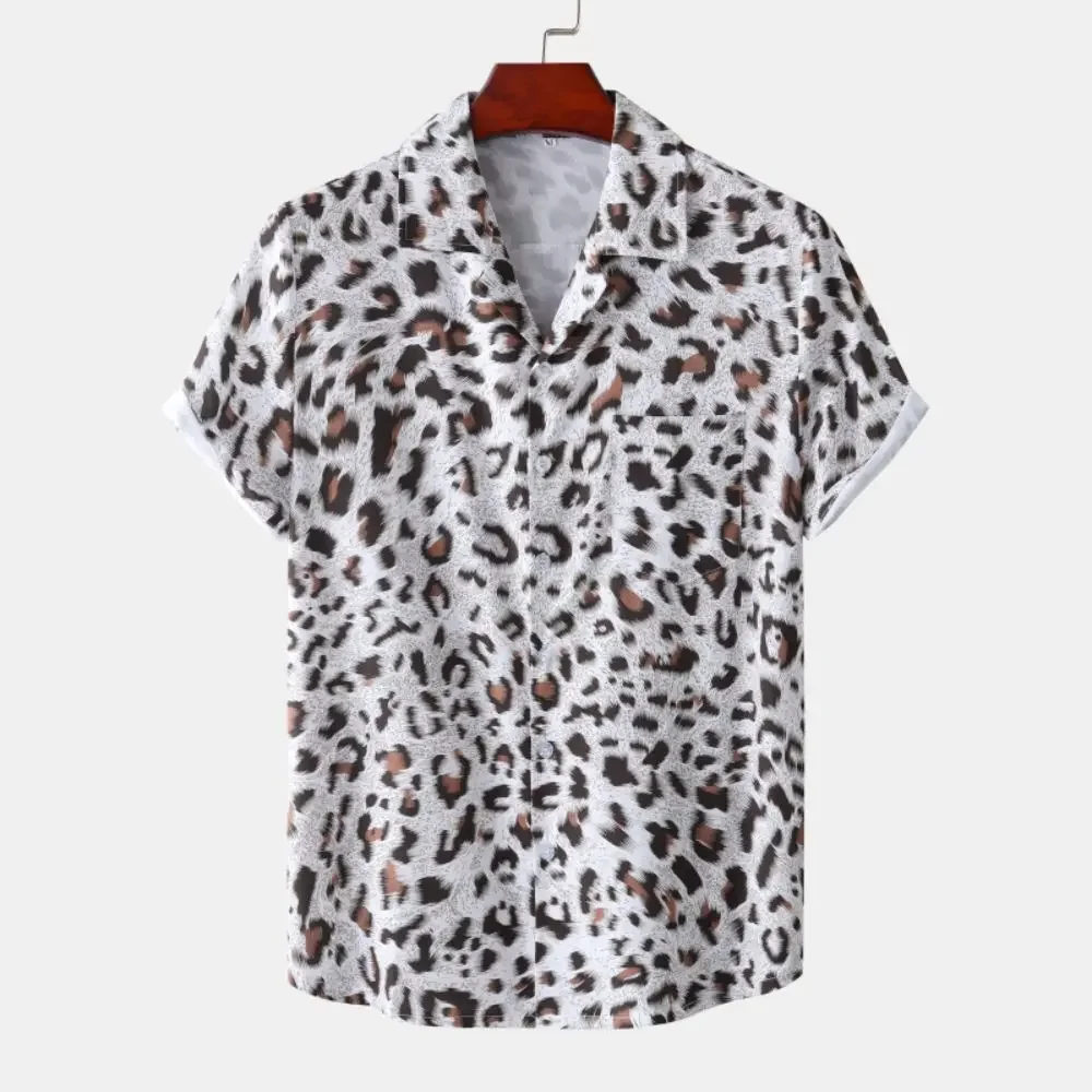 Camisa de manga curta leopardo masculina, tamanho grande, tendência elegante de lapela, roupa casual de botão, moda