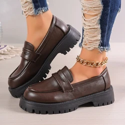 Casual Platform Loafers Woman 2024 British Style Black Brown PU Leather Shoes for Women Comfort Slip On Flats Plus Size