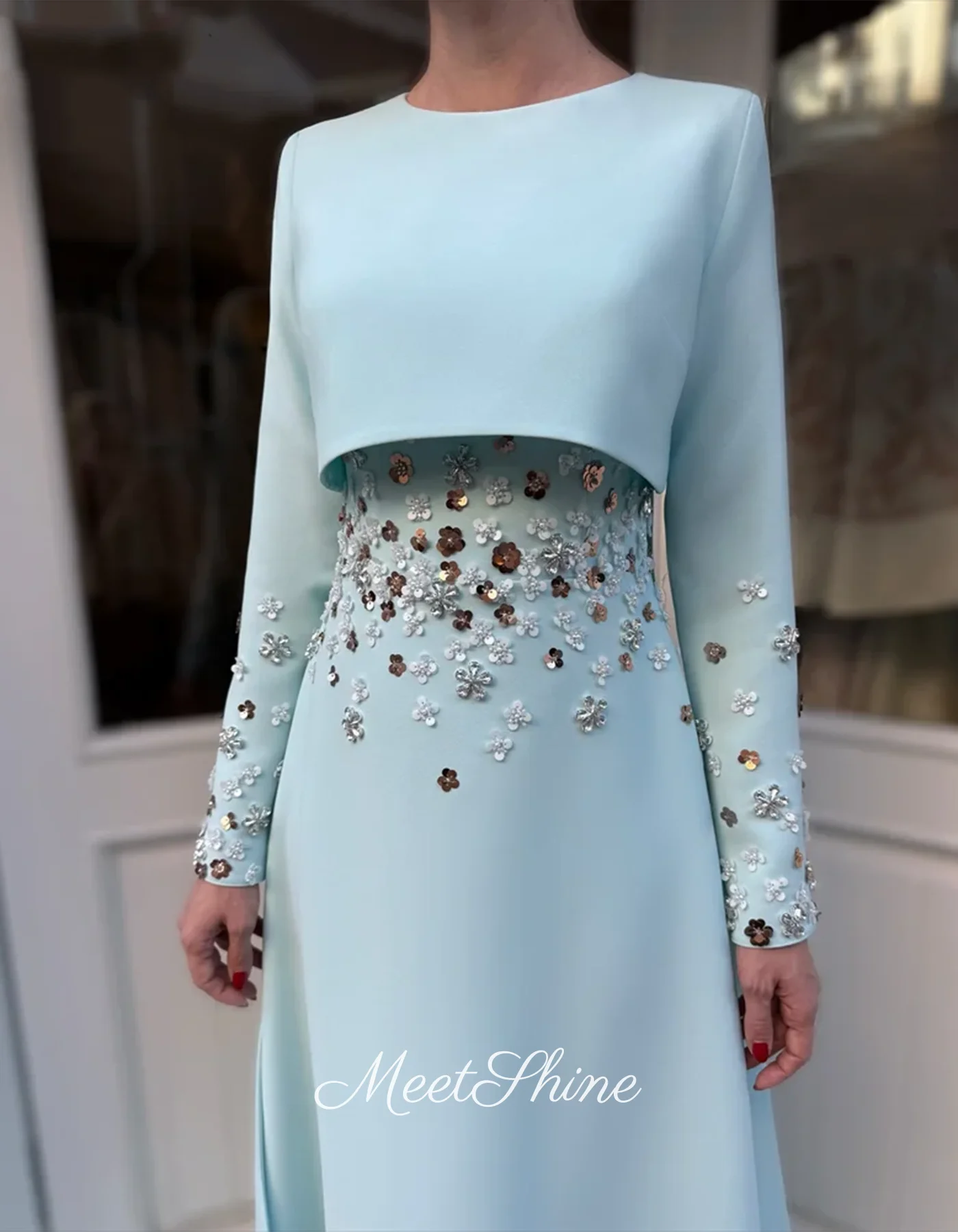 Céu azul o pescoço manga longa cetim cristal vestido de noite elegante longo reto 3d flor formal vestido de baile de casamento personalizado