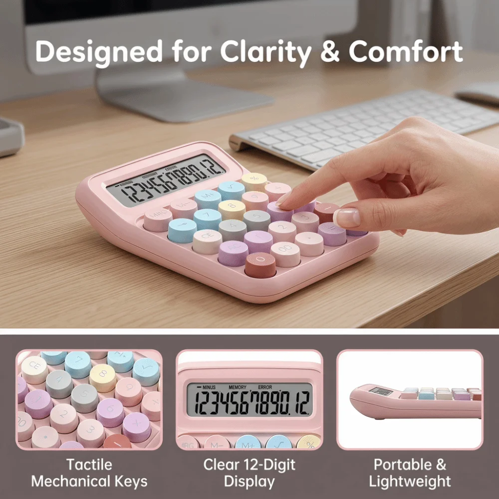 12 Digit Mechanical Key Calculator Large LCD Display Round Button Silent Calculator ABS Material Pastel Color