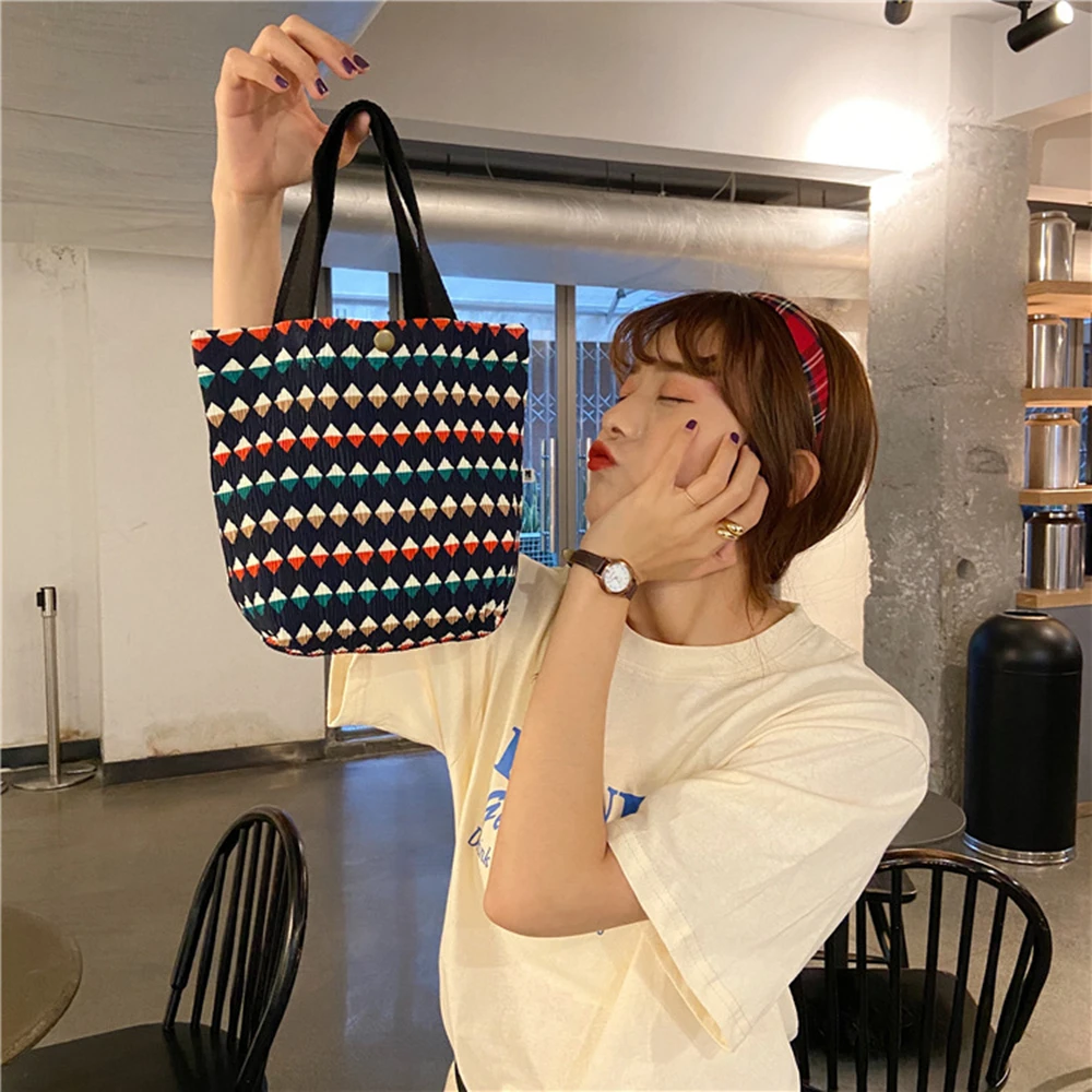 Mini Handbag Wrinkle Shopping Bag for Girl Fresh Small Cotton Ruffle Tote Flower Print Lunch Bag Everyday Foldable Cloth Bag New