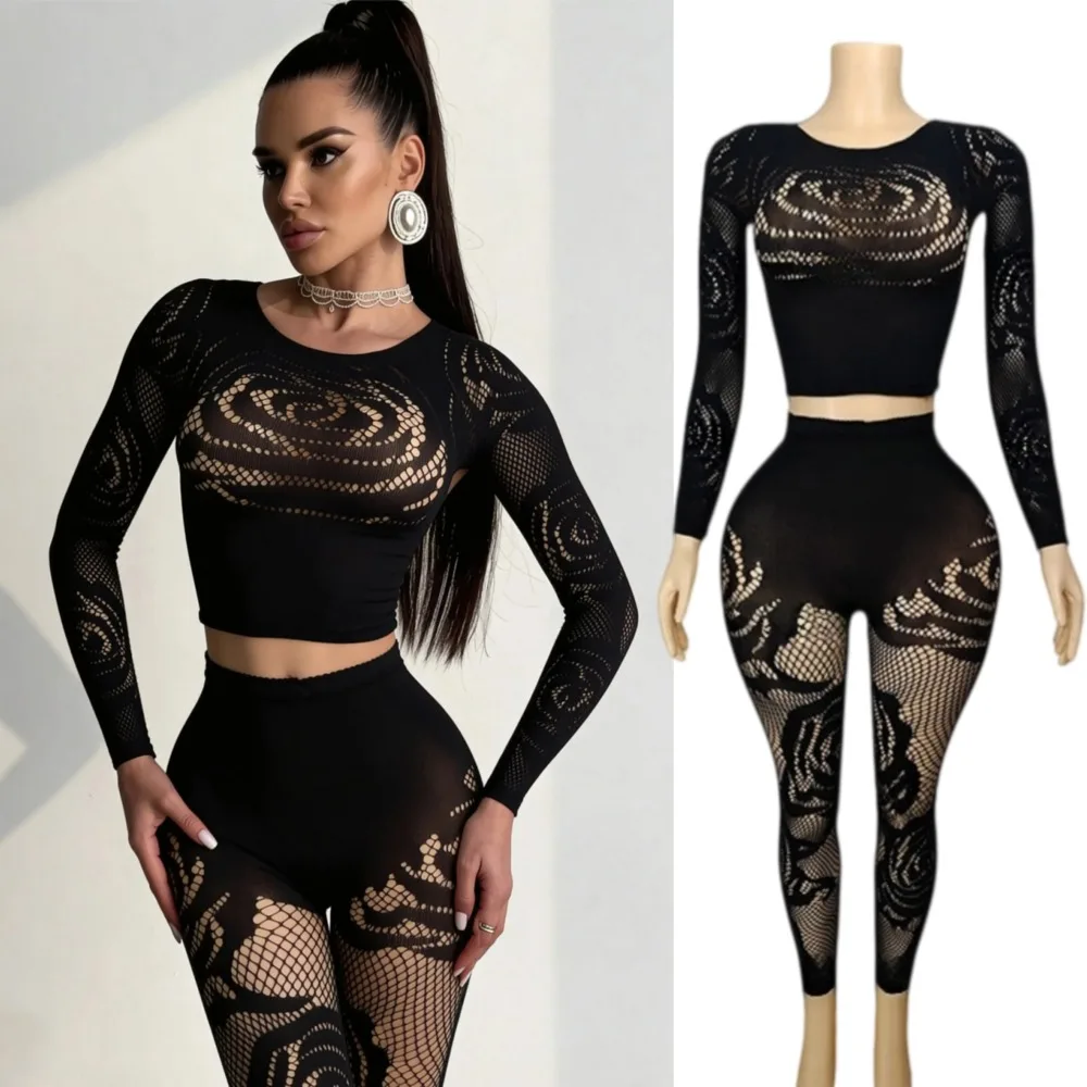 FAGADOER Women Thick Knit Two Piece Set Sexy Stretchy Long Sleeve Crop Top High Waist Hollow Out Leggings Casual Matching Outfit