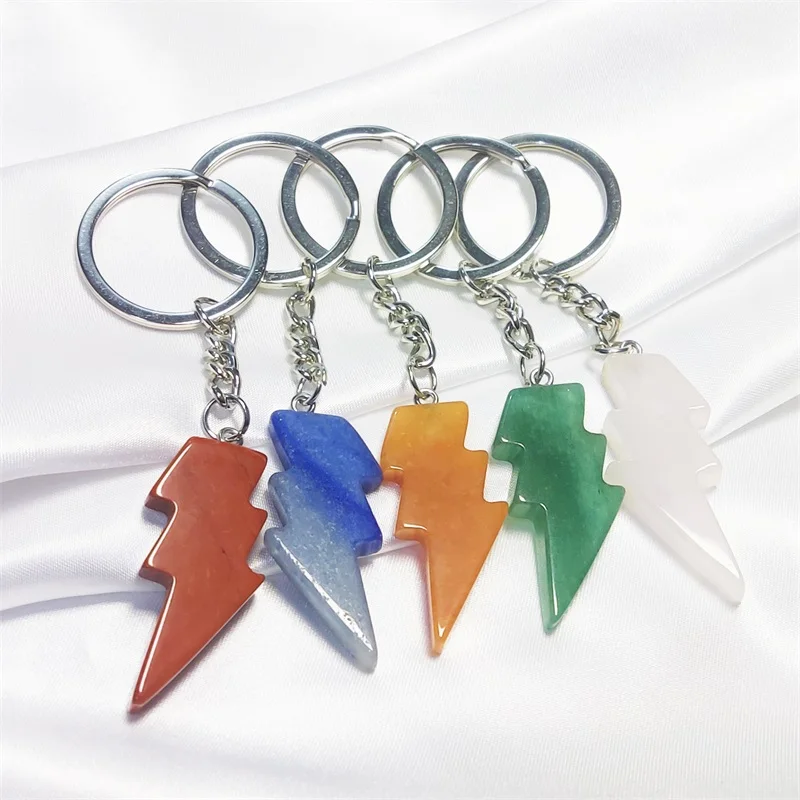 

12pcs Punk Lightning Shape Pendant Keychain Opal Crystal Natural Stone for Women Men Keyring Personality Accessories