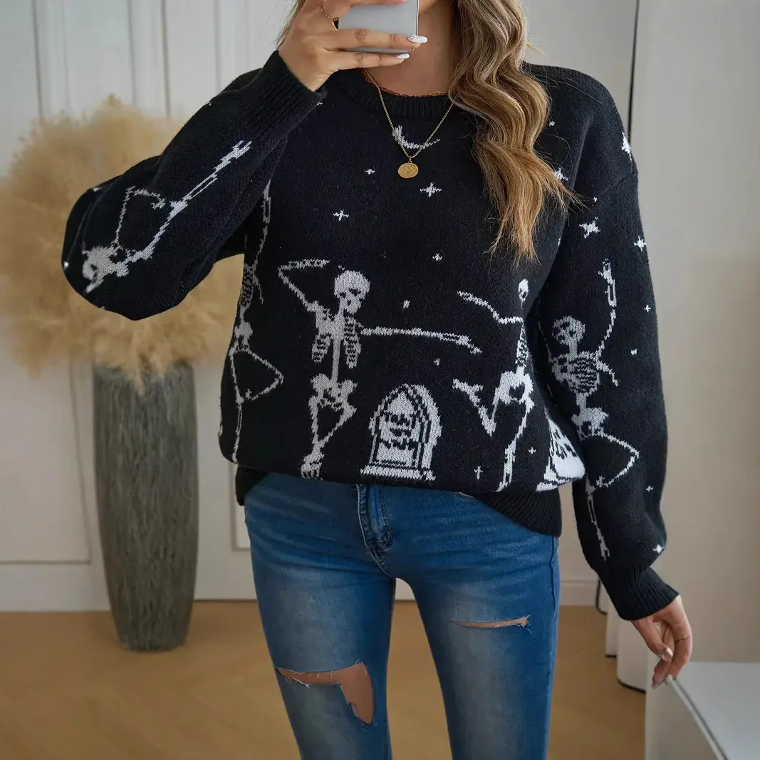 Nowy damski sweter z dzianiny z motywem czaszki na Halloween, wzór głowy, wkładany przez głowę, regularny krój, cienki, na sezon jesienny.