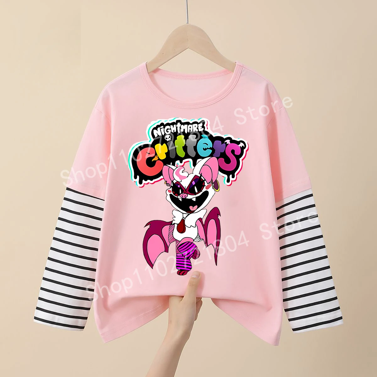 Nightmare Critters Fake Two Pieces T-shirt Cotton Ound Neck Shirts Fashion Print Striped Long Sleeves Kid Clothing Hip Hop Tops
