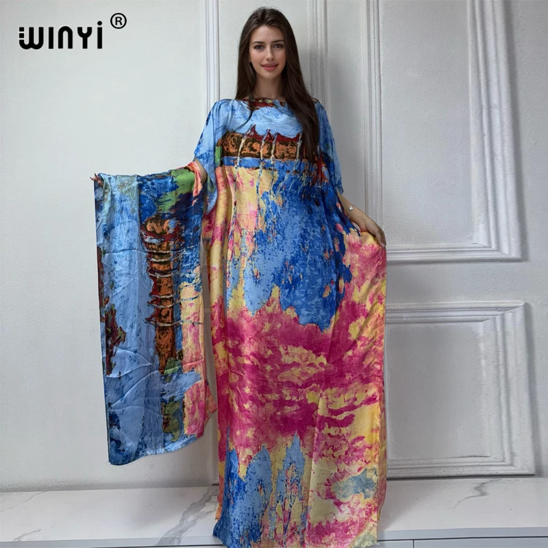 WINYI 2024 New African Women Dashiki boho print muslim woman dubai Free Size Design With Scarf Maxi Loose African Elegant Dress