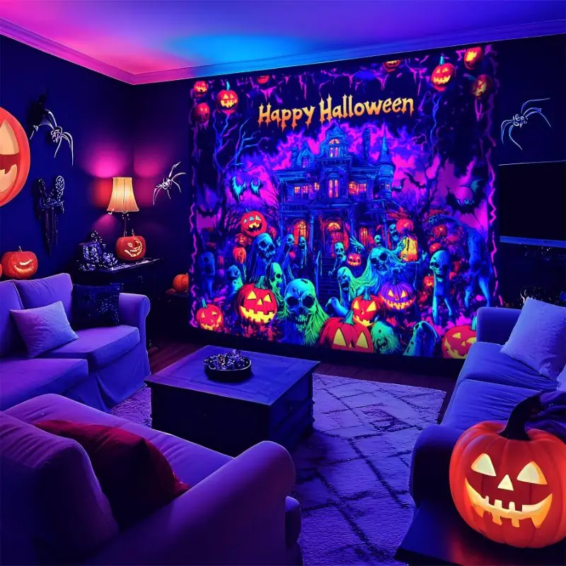VIKAMA Halloween UV Fluorescent Ghost House Ghost Pumpkin Tapestry Thriller Bat Skull Wall Hanging Bedroom Dormitory Party Decor