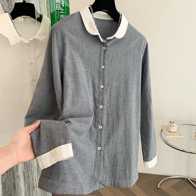 

plus Size Women's Shirt Spring Autumn Plaid Collar Cover Belly White Collar Patchwork Design Breathable Comfortable Long Sleeve