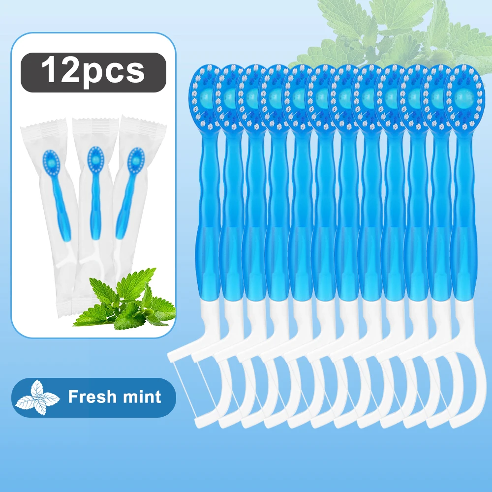 

12 шт., зубная щетка, одноразовая зубная щетка для чистки взрослых, портативная зубная щетка для путешествий с зубной нитью, скребок для языка