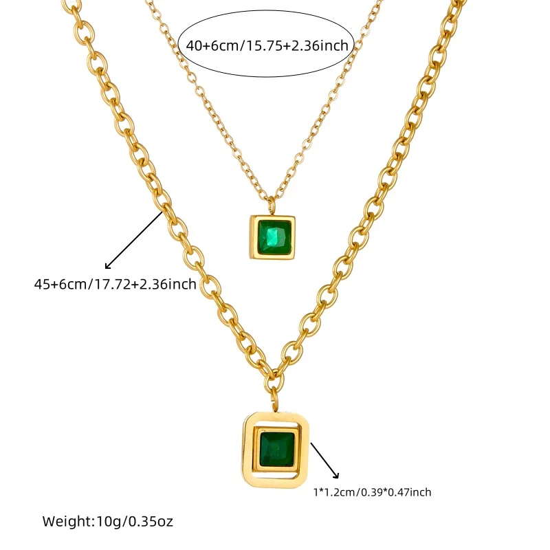 DIEYURO 316L Stainless Steel Square Green Zircon Double-layer Necklace Bracelet Earrings Women New Trend Non-fading Jewelry Set image 2