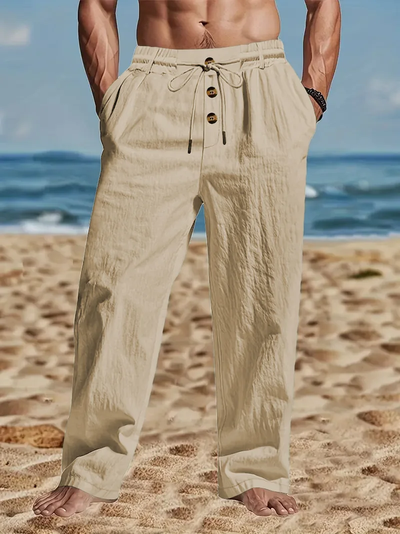 New men's casual sports pants, spring-autumn loose and comfortable cotton and linen breathable outdoor plain-colored pants