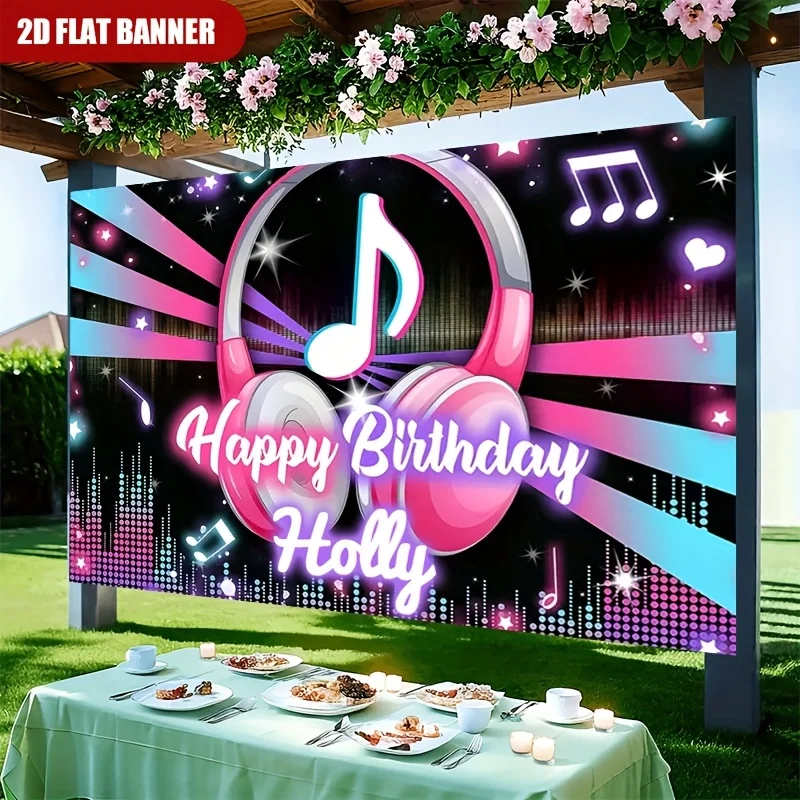 2D Flat, 1pc Personalized Custom Name Birthday Party Backdrop - Vibrant Music-Themed Wall Tapestry with Colorful Headphones &
