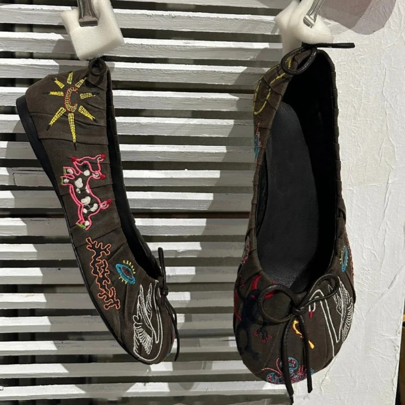 

Модные туфли Мэри Джейн с круглым носком, женская удобная обувь с бантом, женская дизайнерская балетка в стиле ретро с вышивкой, женские балетки на плоской подошве