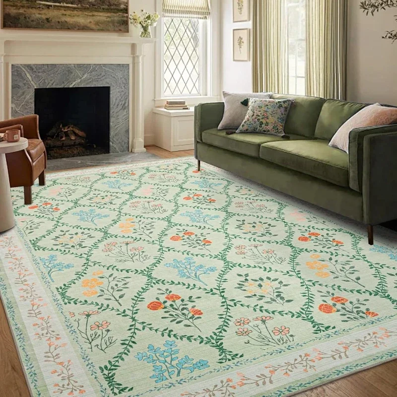 

Floral Living Room Carpet Large Area Pastoral Style Print Bedroom Plush Rug Home Decoration Machine Washable Non-slip Floor Mats