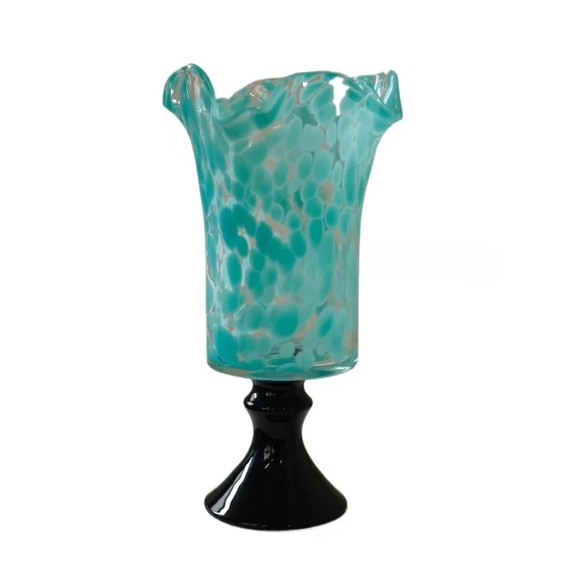 

Nordic blue wrinkled large-diameter dot French high-footed handmade glass glazed vase flower arrangement ornament
