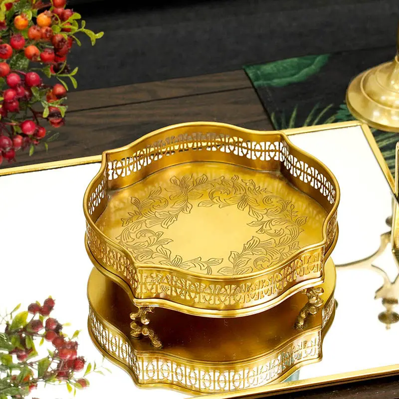 Imported European retro engraved light luxury brass tray, cosmetic storage  aromatherapy tray, porch  tea ornamen
