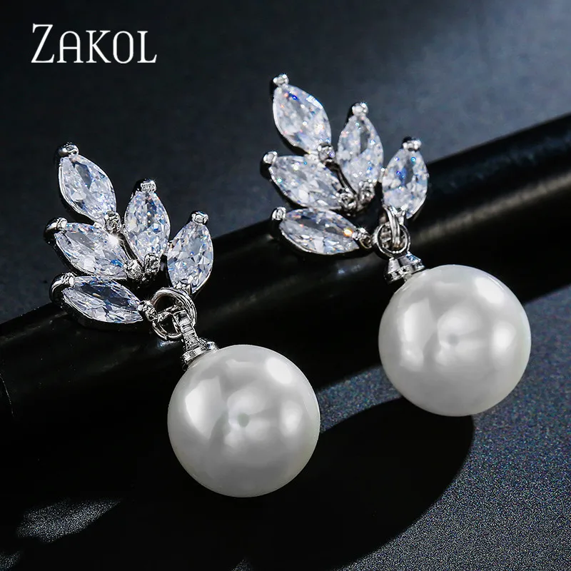 ZAKOL Elegant Leaf Cubic Zirconia Dangle Earrings for Women Luxury Imitation Pearl Bridal Wedding Party Jewelry