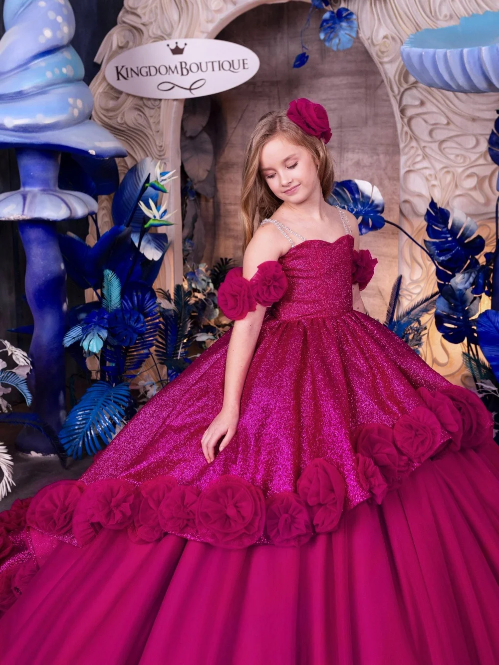 Fuchsia Off Shoulder Girls Ball Gown Long For Pageant Contest Exquisite 3D Floral Kids Princess Gowns Birthday Party Wear 3-14Y