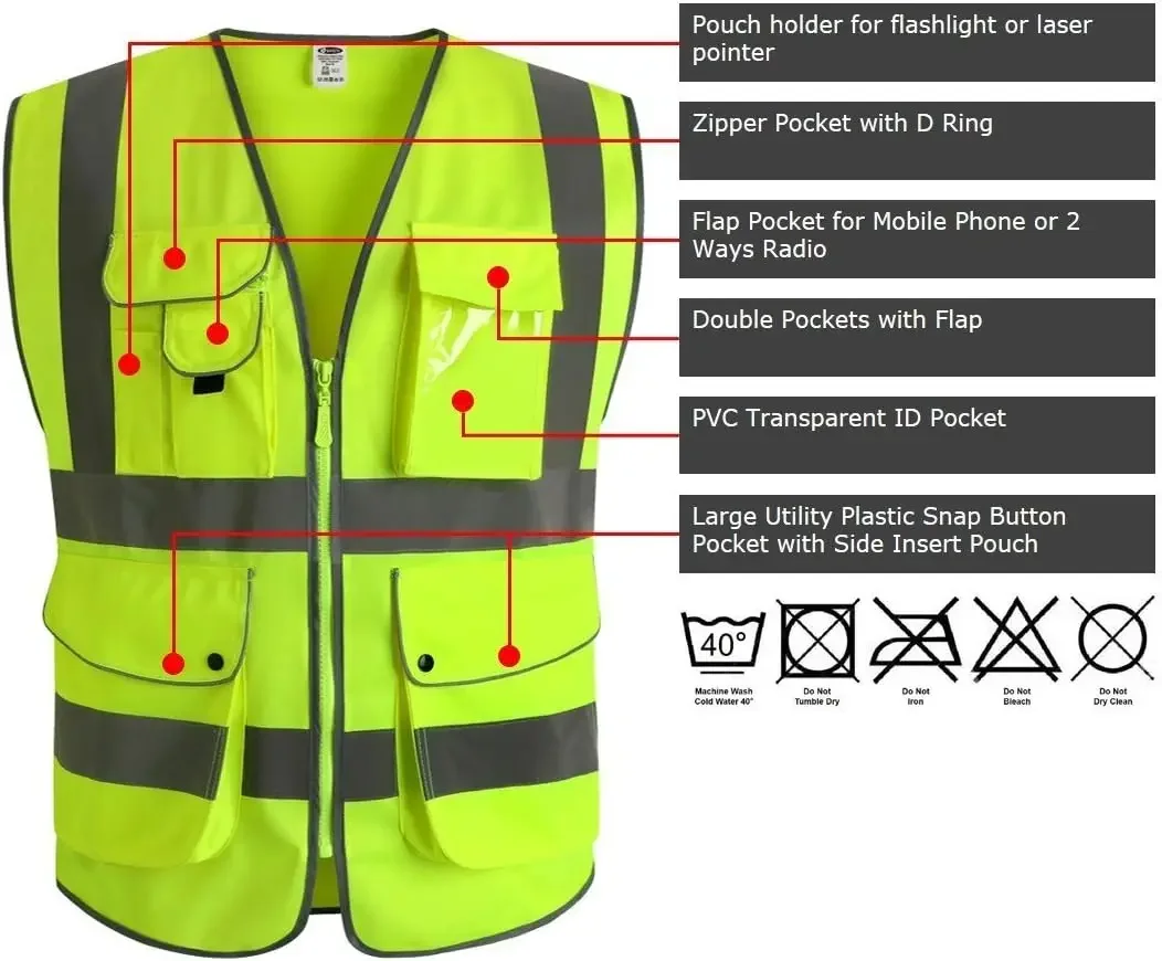 Safety Vest 9 Pockets Class 2 High Visibility Vest With Zipper Reflective Vest,Meets ANSI/ISEA Standard