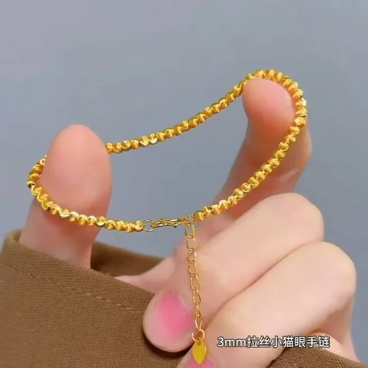 

9999 24K Real Gold Brushed Kitten Eye Necklace Bracelet Set Fashion Personality Blinking Dishes Round Bead Jewelry