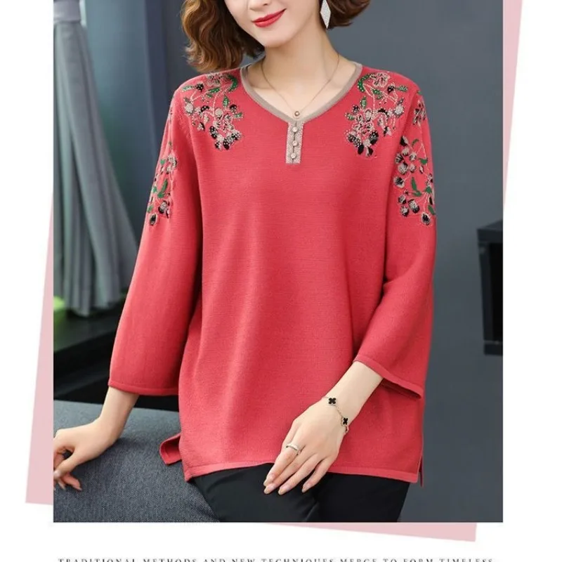 Women\'s Pullover Round Neck Bottom T-shirt Spring Autumn New Fashion Commute 3/4 Sleeve Embroidered Diamonds Loose Knitted Tops