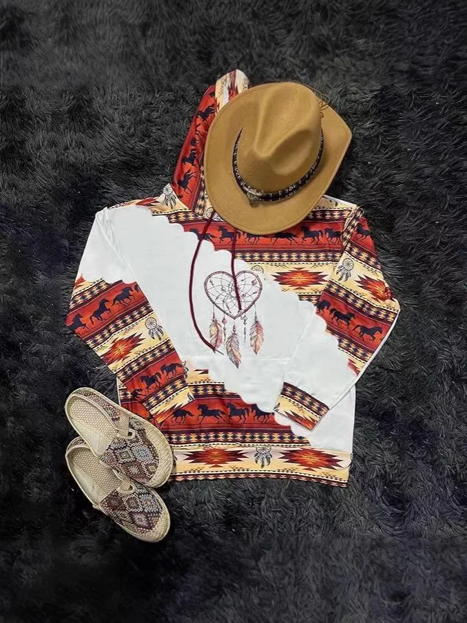 

Худи оверсайз с цветочным принтом в стиле бохо, этнический западный стиль, повседневная уличная одежда, худи с длинным рукавом, уютная толстовка с капюшоном для женщин