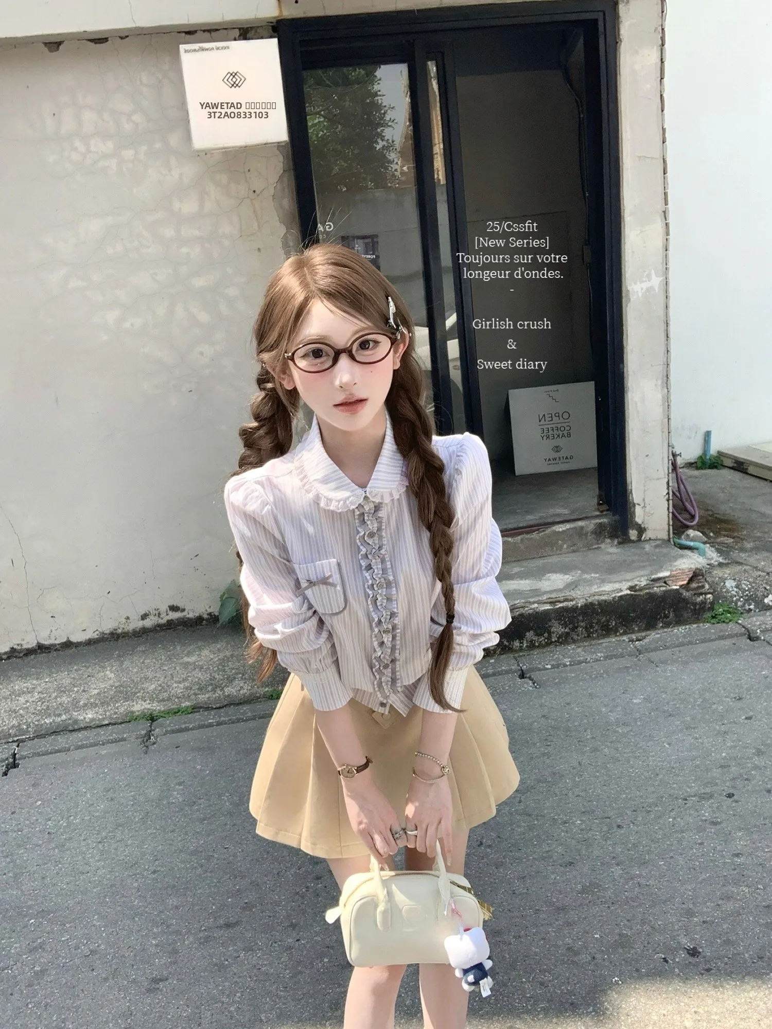 

Chil Sung 26ss Sea Salt Fog Blue Stripe Cotton irt Bla Khaki ort Skirt Commute Sle Straight Tube Long Sve Blouse