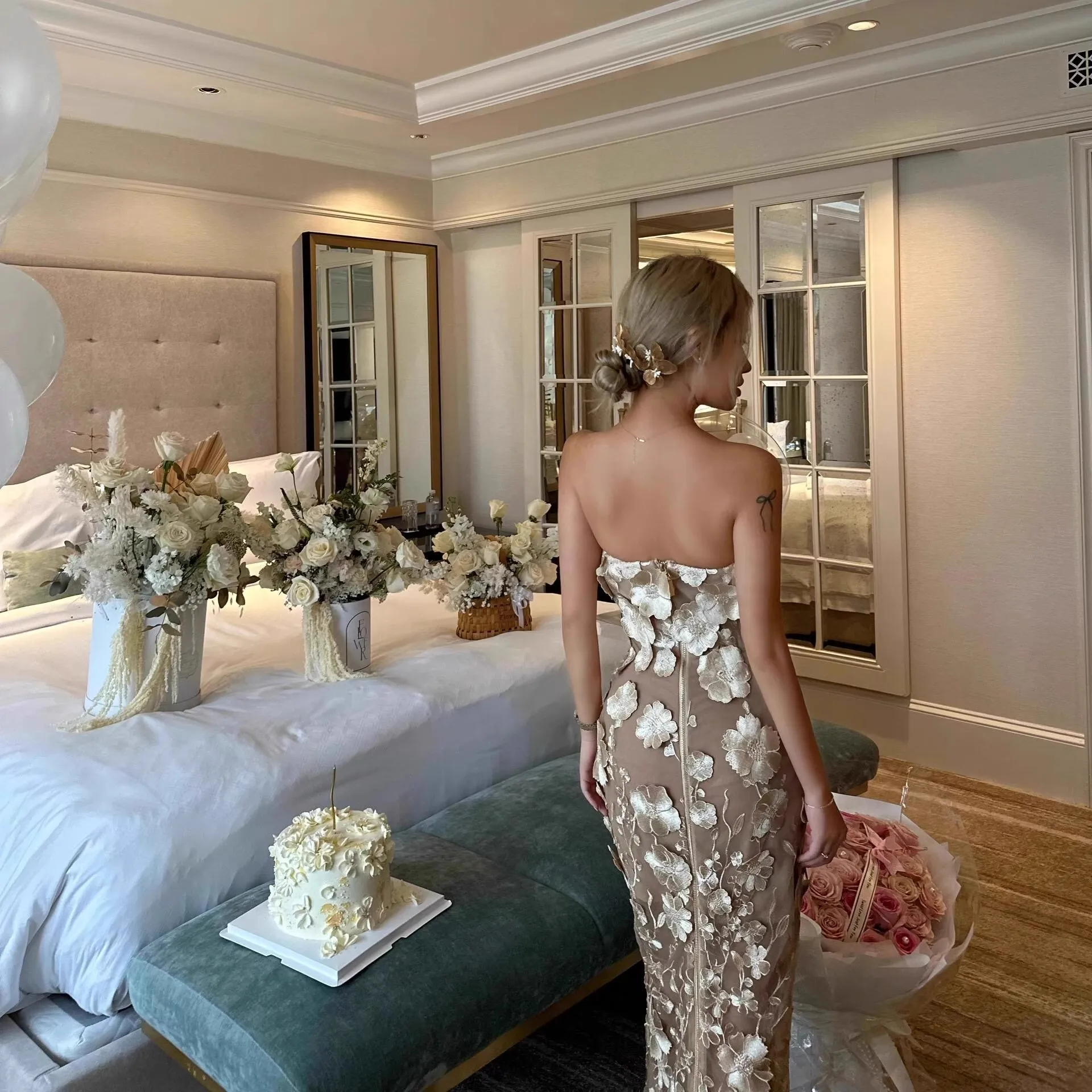 New floral strapless dress - French luxury fitted backless formal gown - Elegant social event attire