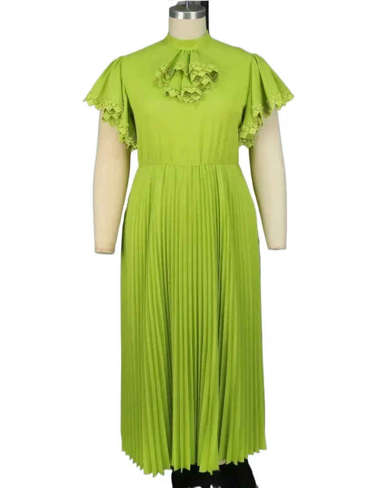 Green Flattering Dresses Women Mock Neck Short Ruffles Sleeve High Waist A Line Pleated Causal Office Evening Long Gowns