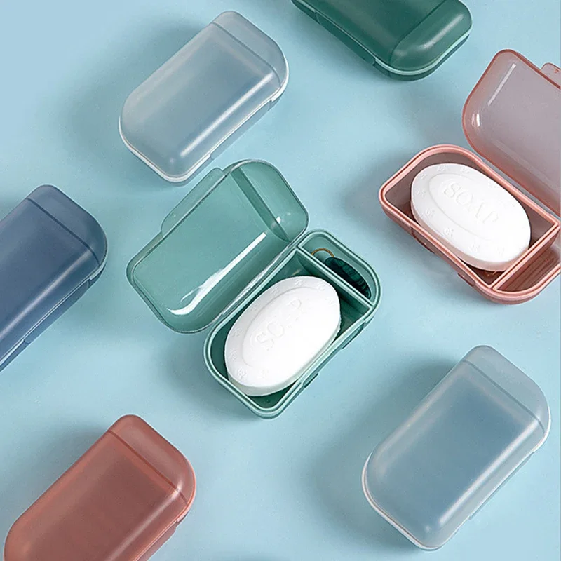 Portable 2-Compartment Soap Dish with Lid Oval Soap Box Sealed Waterproof Bathroom Soap Holder Storage Box Soap Case