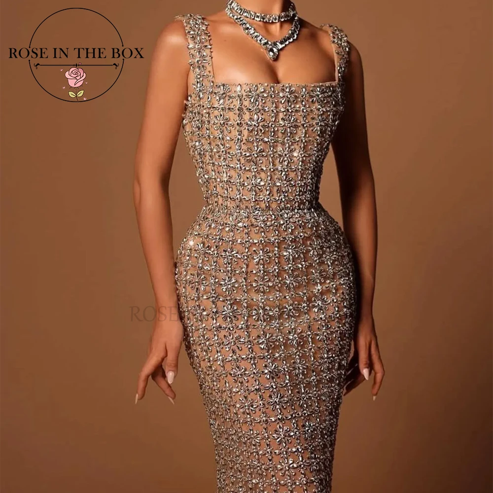 ROSEINTHEBOX personalizado glamuroso cristal champán sirena Maxi vestidos de noche escote cuadrado vestidos de fiesta elegantes
