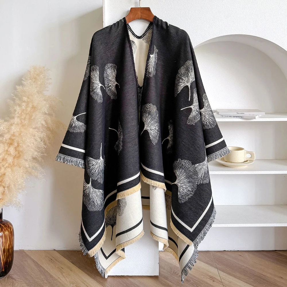 

Мягкая накидка из искусственного кашемира с листьями гинкго, модная повседневная длинная пончо с кисточками, осенне-зимняя накидка, верхняя одежда, шаль унисекс