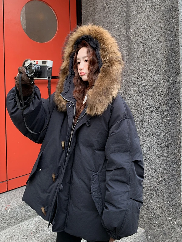 

Warm Bla Genuine Fur Women's Mid-Length down Jaet Winter New Sle Loose Slimming Button Coat Casual Sle Thiened