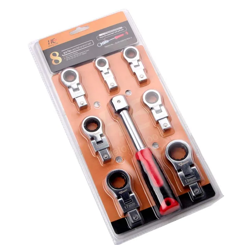 

8-piece set of 8-19mm shaking head interchangeable ring ratchet wrench set