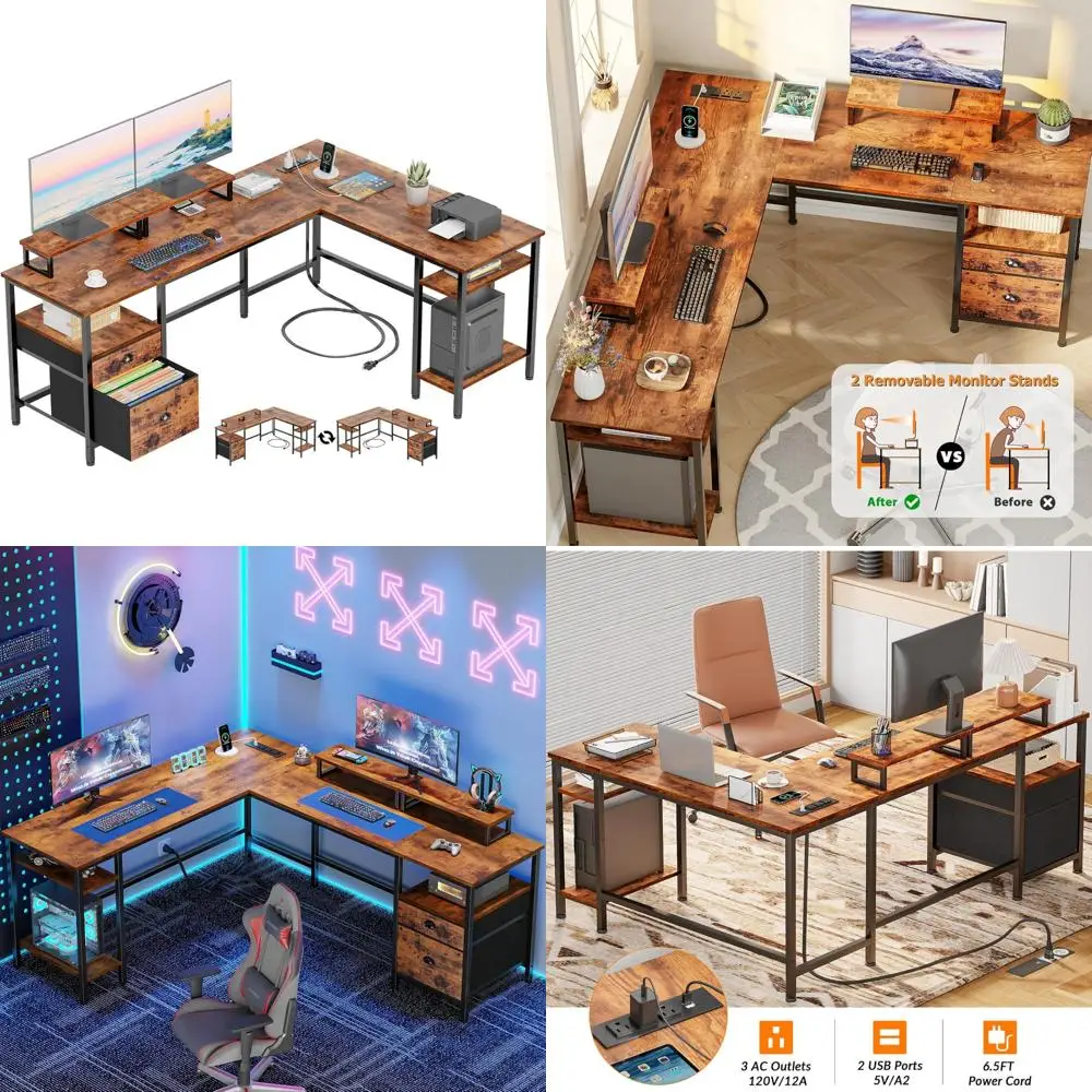 

66 L-Shaped Gaming Desk with Power Outlet, Reversible Design, File Drawer, and 2 Monitor Stands for Home Office