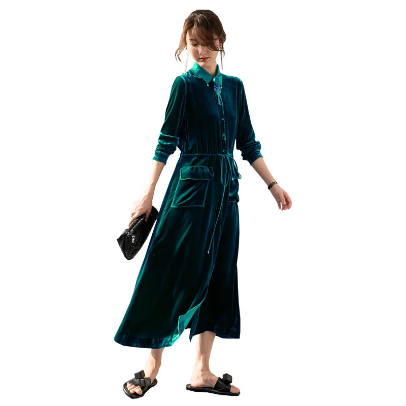 Silk Velvet Women\'s Long Sleeve Dress Original Design Single Breasted Lace-up Mid-length Skirt Youth Fashion Free Shipping